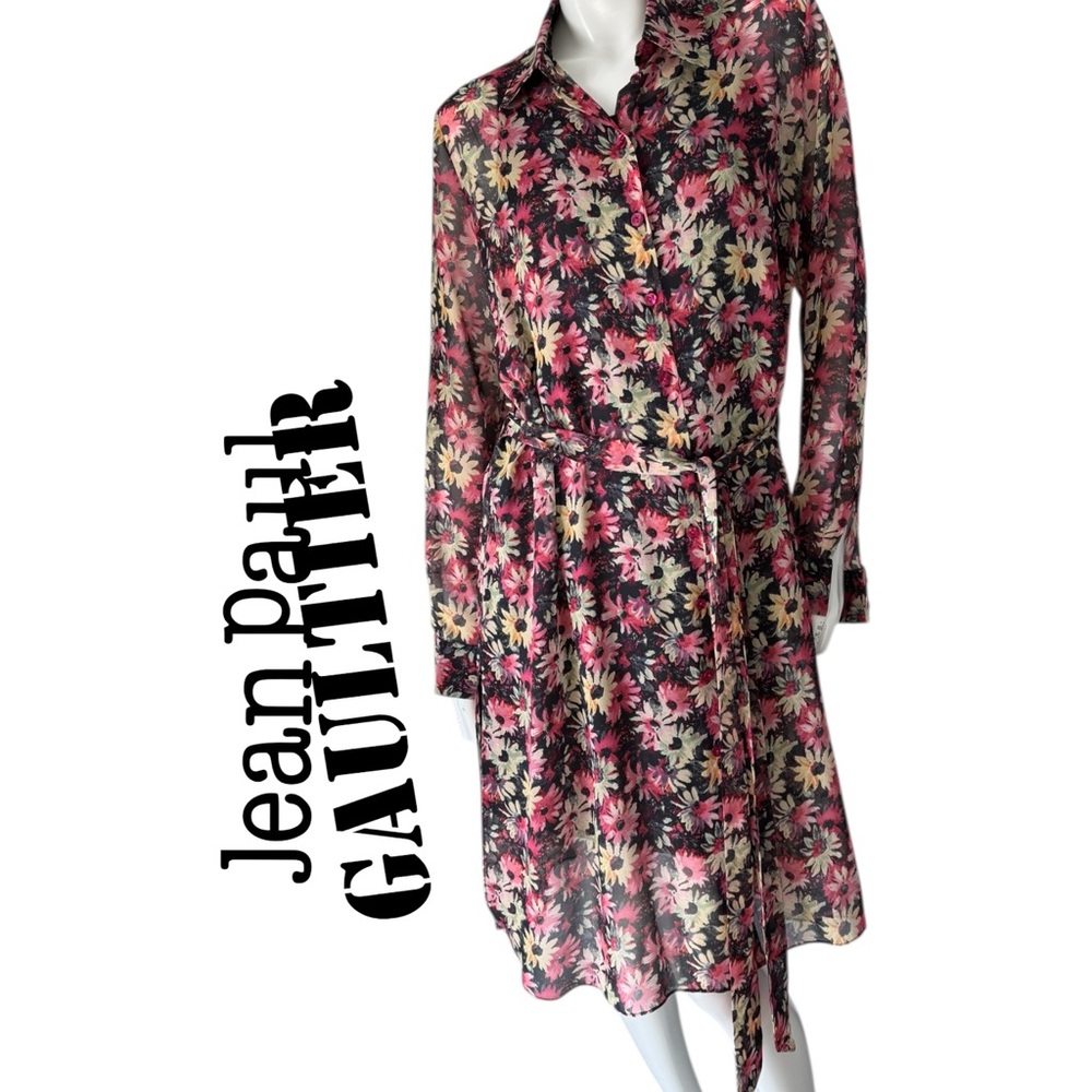 Jean Paul Gaultier Pink, Black & Cream Floral Long Sleeve Shirt Dress
